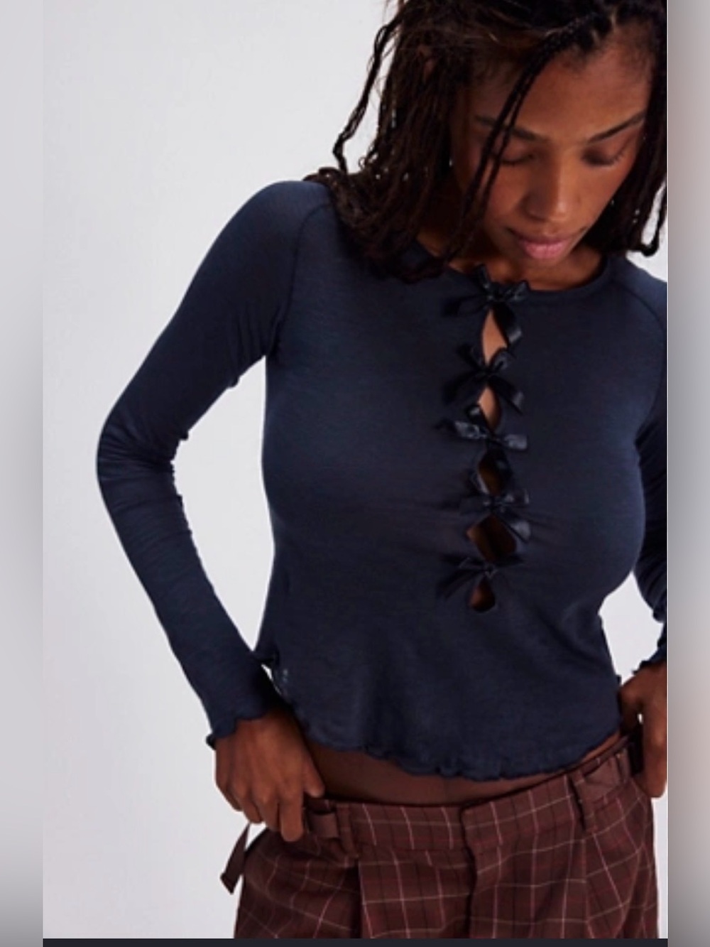Tricia Fix Navy Long-Sleeve Top with Front Bow Cutouts Y2K Size L